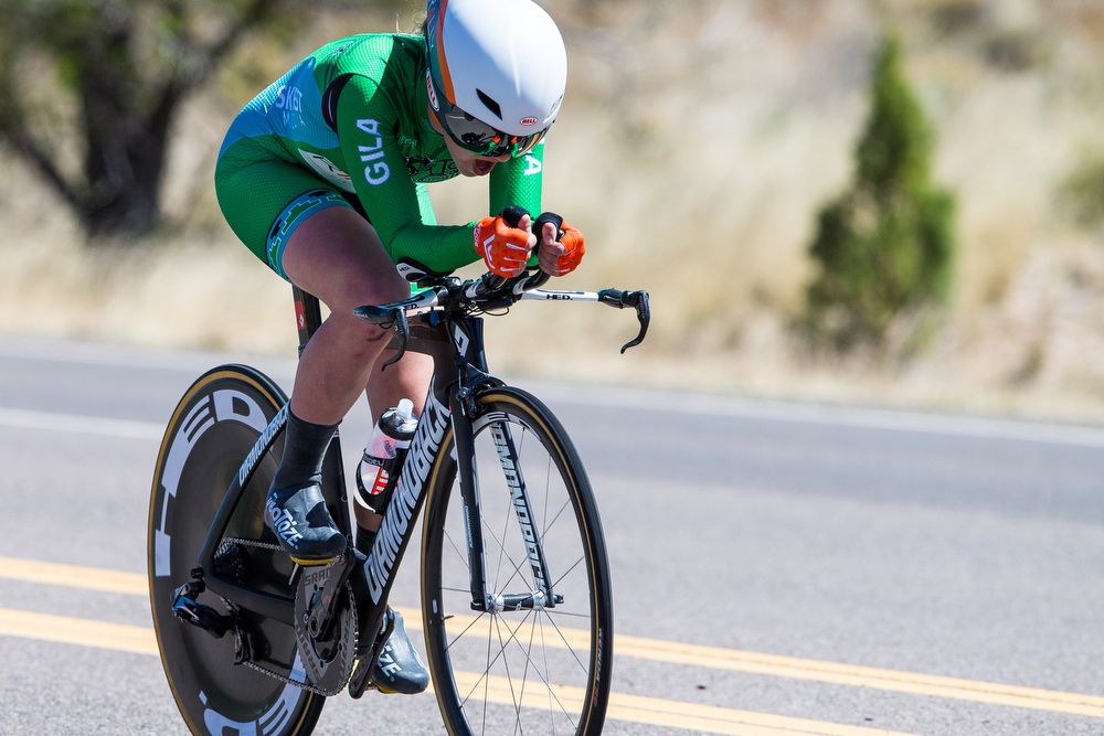 Emma White (Rally Cycling) rides in the sprint jersey during stage 3 of the Tour of The Gila