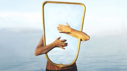 surreal image of a transparent mirror concept of door to freedom and imagination