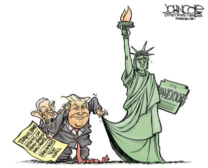 Political cartoon U.S. Trump Sessions sexual harassment Lady Liberty travel ban media DREAMers border wall