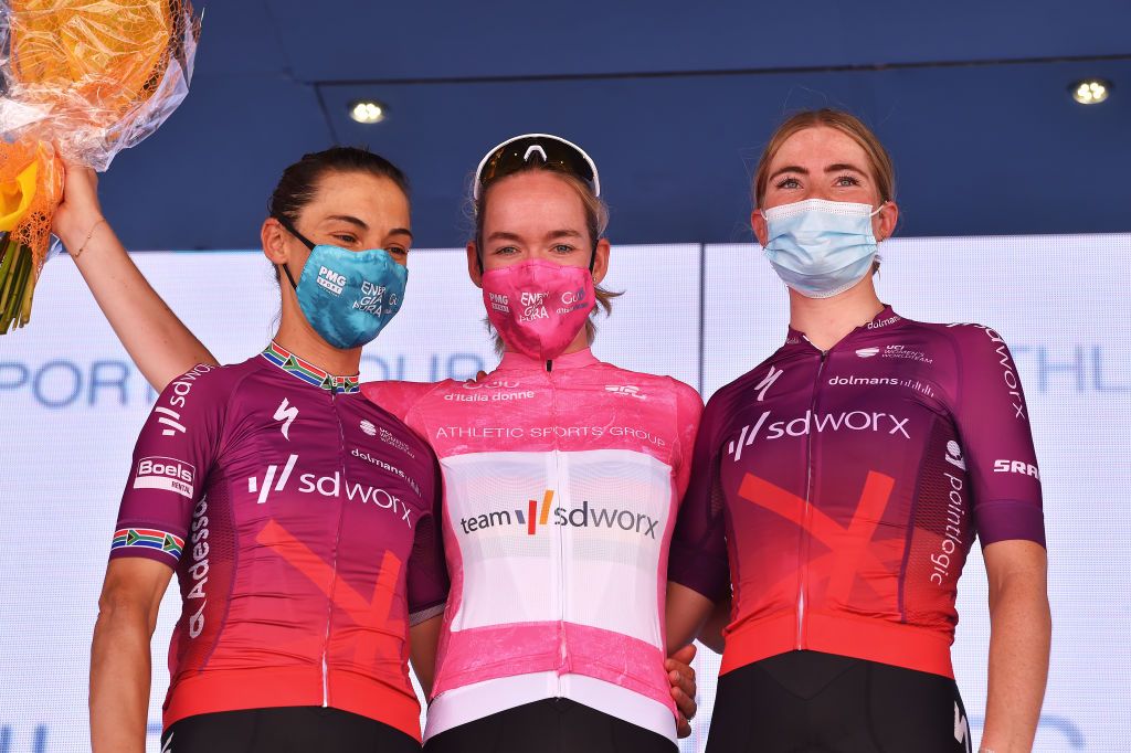 CORMONS ITALY JULY 11 Ashleigh Moolman Pasio of South Africa and Team SD Worx 2nd place Anna Van Der Breggen of Netherlands and Team SD Worx Pink Leader Jersey Demi Vollering of Netherlands and Team SD Worx 3rd place celebrates at podium during the 32nd Giro dItalia Internazionale Femminile 2021 Stage 10 a 113km stage from Capriva del Friuli to Cormons GiroDonne UCIWWT on July 11 2021 in Cormons Italy Photo by Luc ClaessenGetty Images