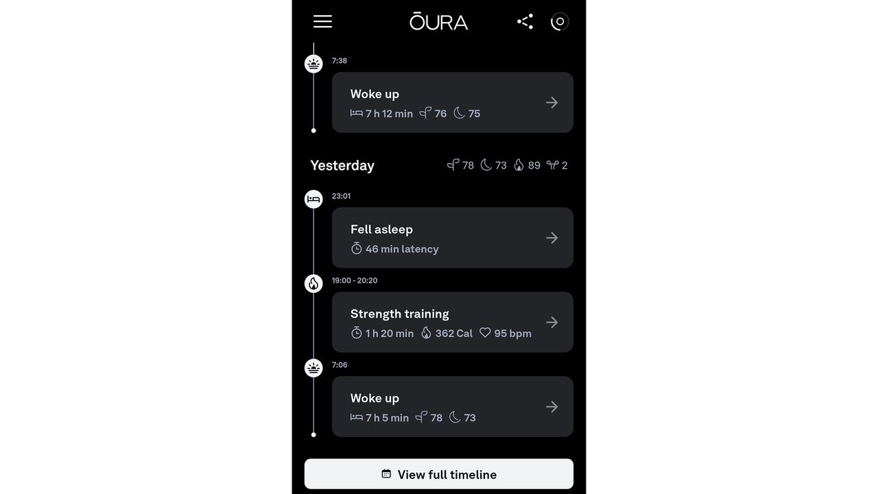 A screenshot of the daily timeline from the Oura app