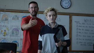 Zach Cregger and Julia Garner on the set of Weapons