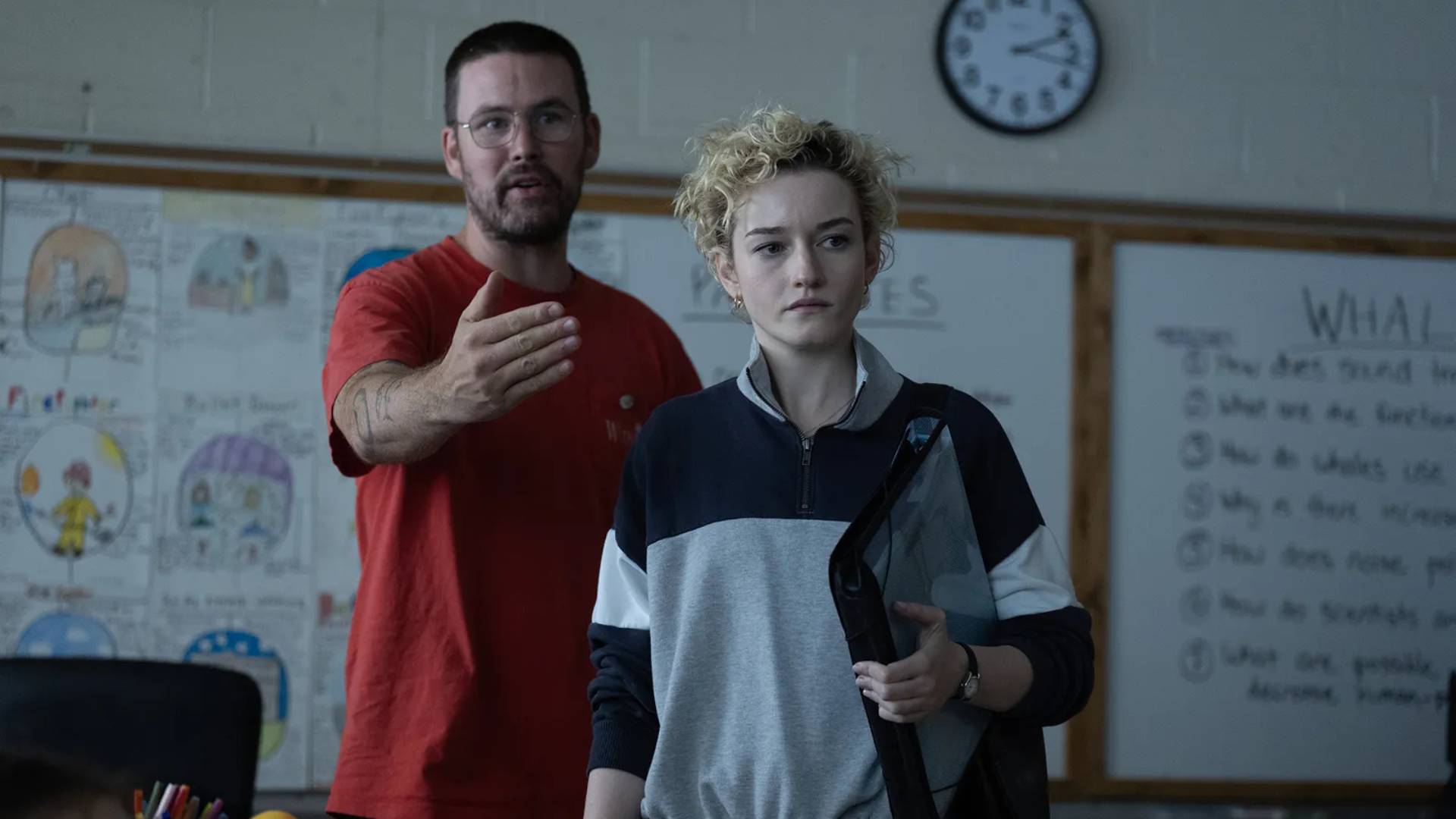 Zach Cregger and Julia Garner on the set of Weapons