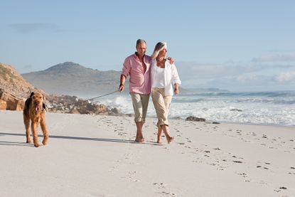 Couple walking dog by the sea