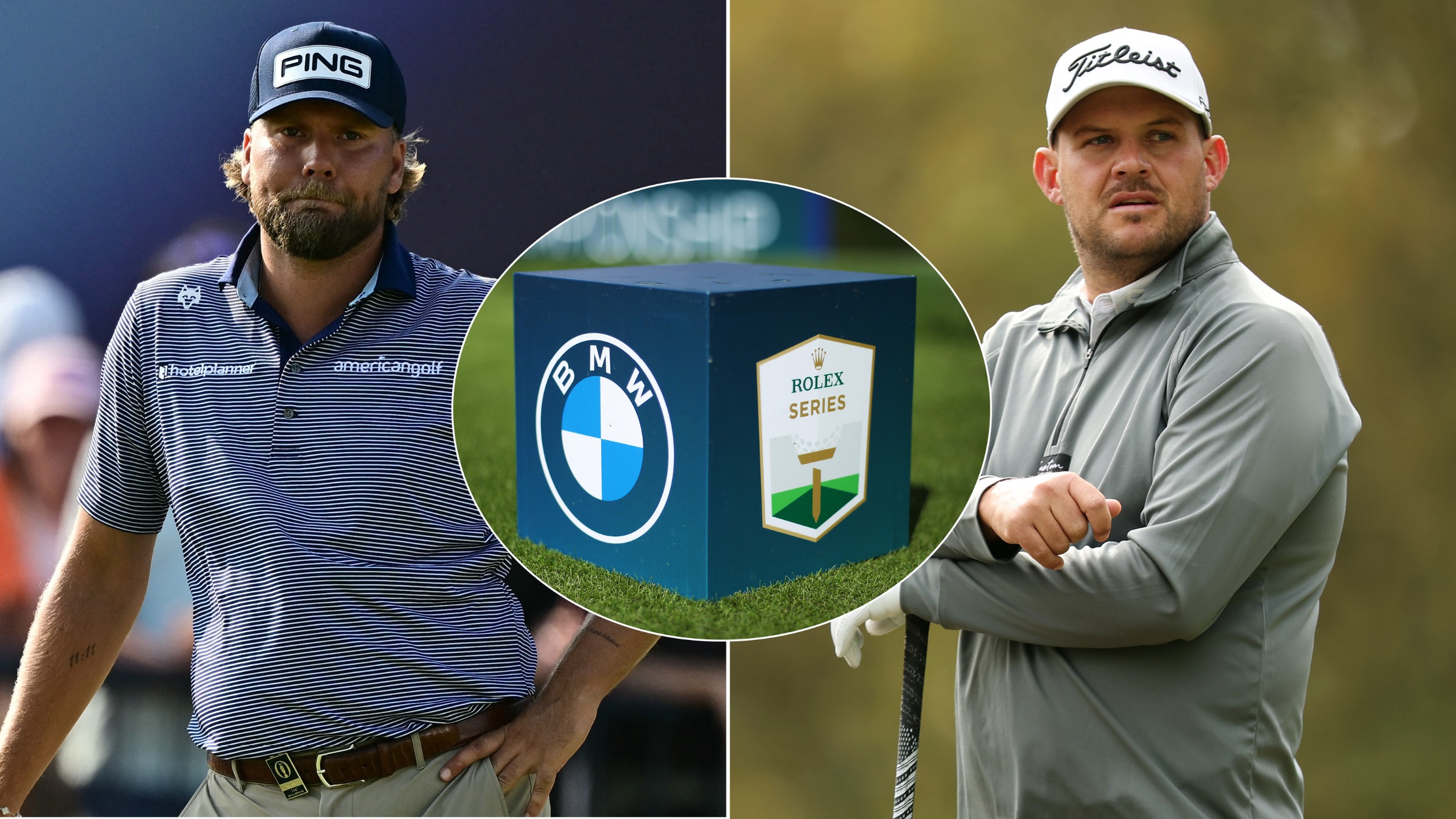 Dan Brown and JC Ritchie with a BMW PGA Championship tee marker centered