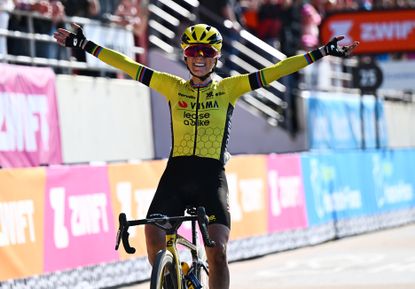 Pauline Ferrand-Prevot celebrates victory on the Roubaix velodrome