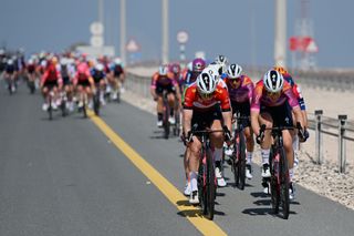 MADINAT ZAYED UNITED ARAB EMIRATES FEBRUARY 09 LR Lorena Wiebes of The Netherlands Red leader Jersey and Femke Markus of The Netherlands and Team SD WorxProtime compete during the 2nd UAE Tour 2024 Stage 2 a 113km stage Al Mirfa Bab Al Nojoum to Madinat Zayed UCIWWT on February 09 2024 in Madinat Zayed United Arab Emirates Photo by Dario BelingheriGetty Images