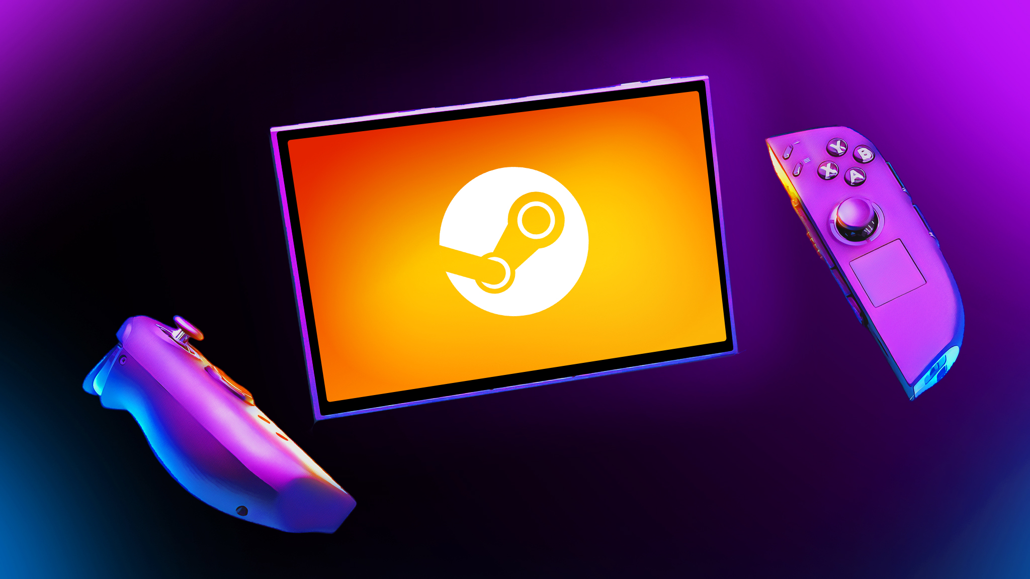 Legion Go 2 (SteamOS) glowing yellow screen with floating detached controllers.