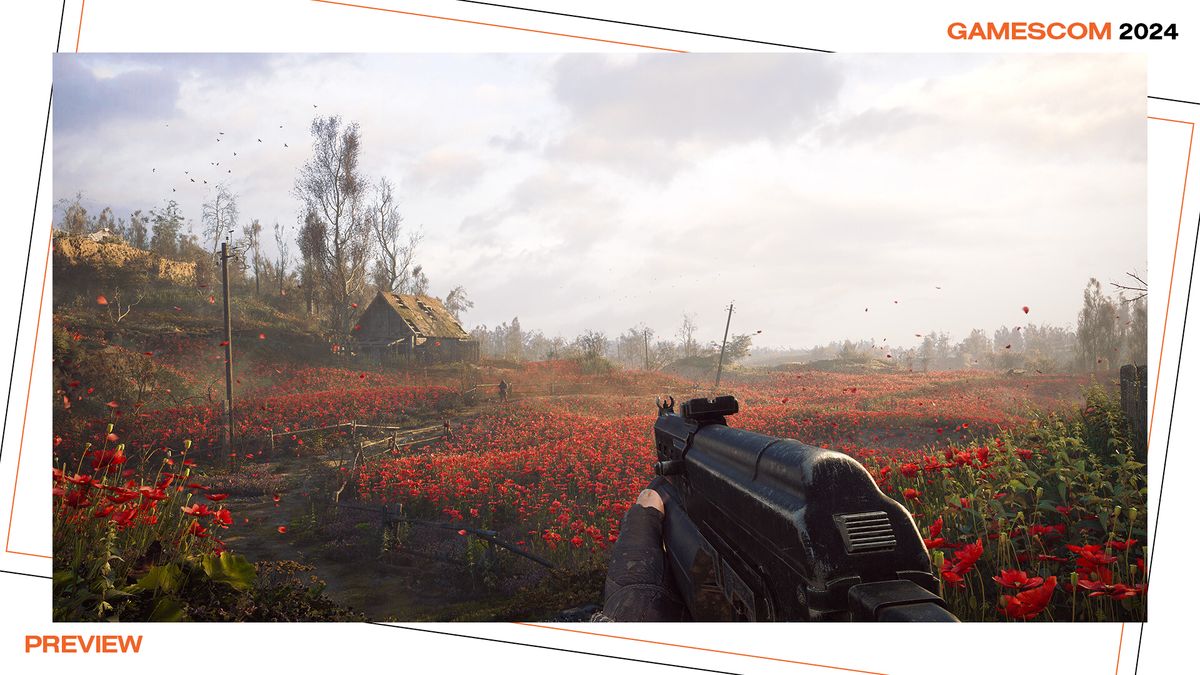 Facing a field of poppies with a gun in Stalker 2: Shadow of Chornobyl