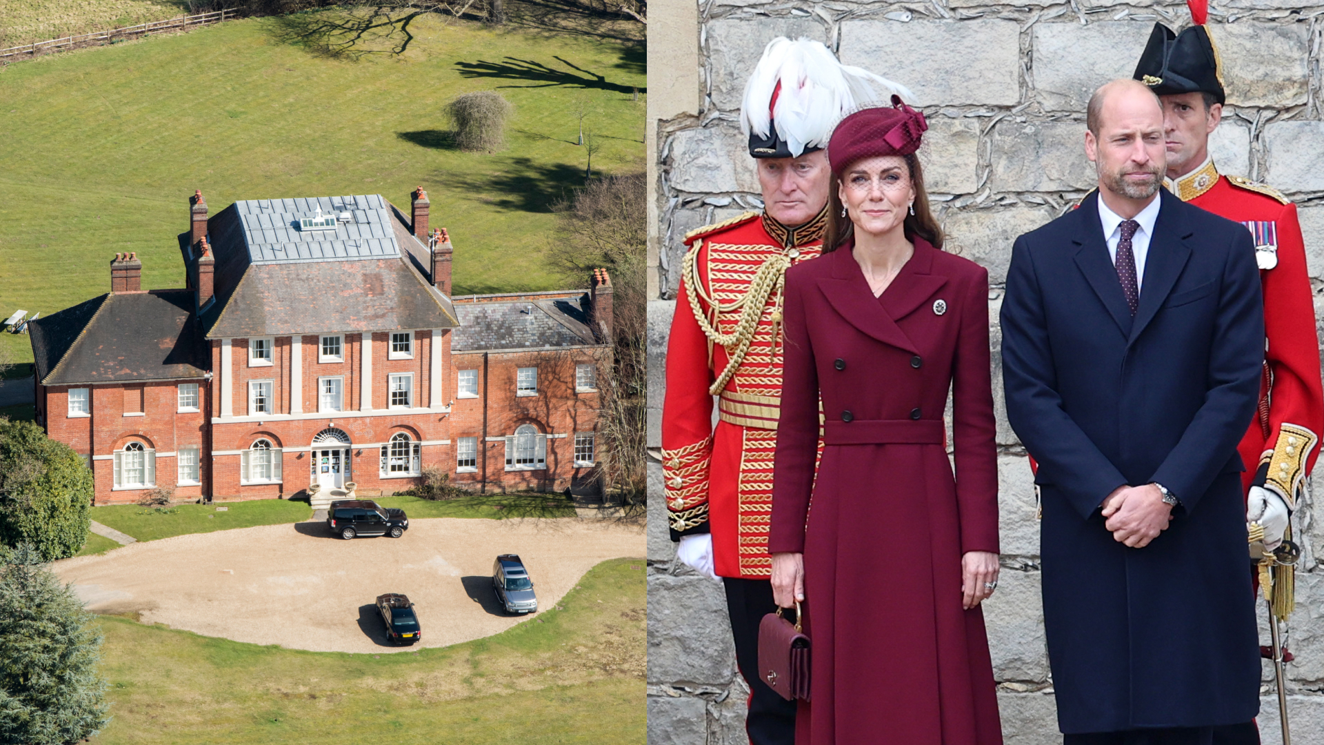 An aerial shot of Forest Lodge in Windsor; Princess Kate wearing a burgundy coat and hat standing next to Prince William in a navy coat
