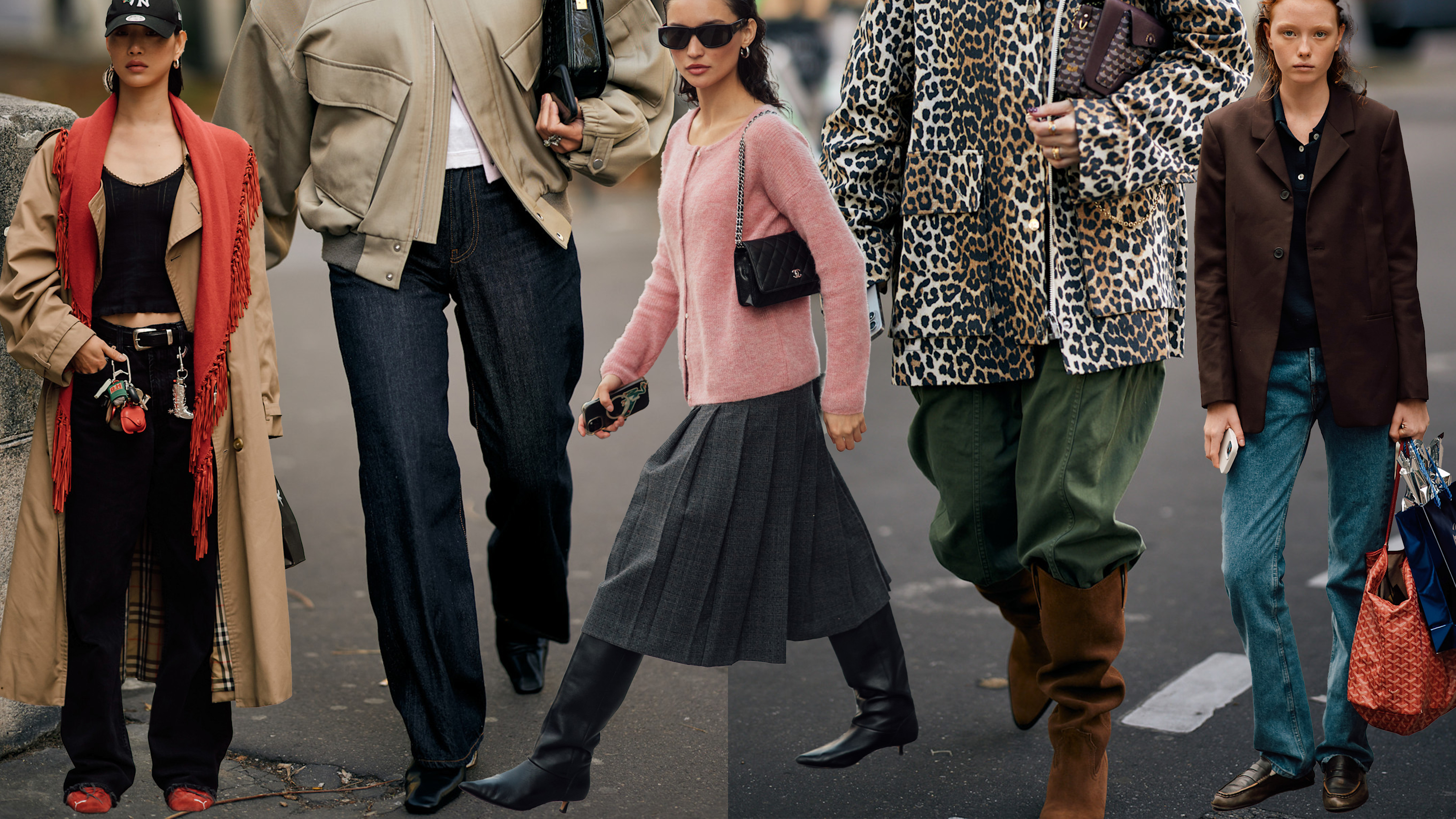 Collage of street fashion outfits featuring sneakers, black kitten heel boots, suede knee-high boots, and loafers. 