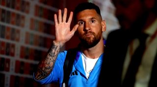 Lionel Messi waves to Argentina fans ahead of the World Cup qualifier against Peru in Lima in October 2023.