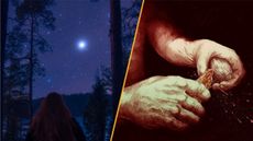 a split image of a star in the night sky and a neanderthal making fire