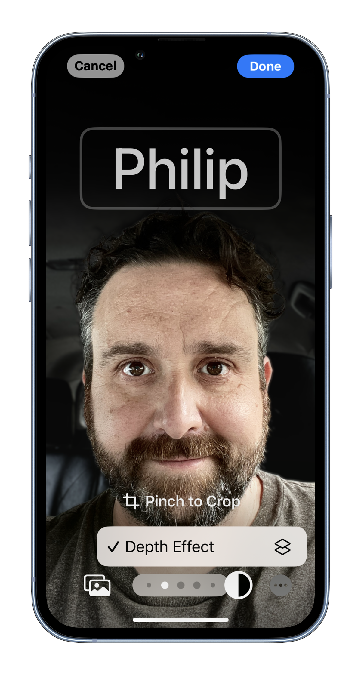 MockUPhone screenshots of the contact poster on iOS 17 showing my face with name and different color and filter options