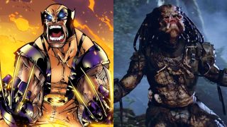 Comic book artwork of Wolverine and still of The Predator