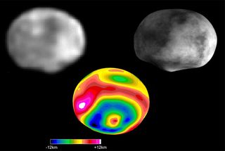 On its southern side the asteroid Vesta shows a huge crater. This picture shows the asteroid in an image taken by the Hubble Space Telescope (top, left), as a reconstruction based on theoretical calculations (top, right), and as a topological map (bottom)