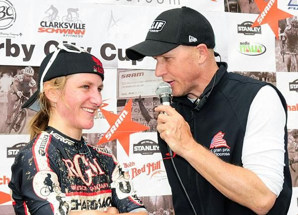 Amy Dombroski (Richard Sachs-RGM Watches) is interviewed by Richard Fries after her second place finish.