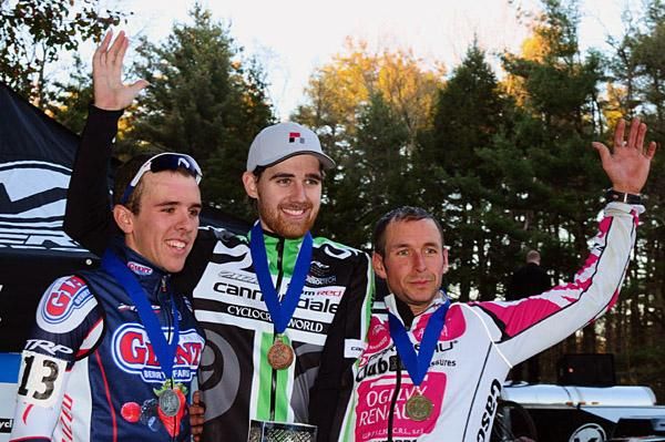 The elite men's podium (l-r): Nick Weighall (California Giant Berry), Jamey Driscoll (Cannondale-Cyclocrossworld), Derek St. John ( Garneau Club Chaussure Ogilvy).