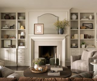 Gray sofas and armchairs clustered around a dark wood coffee table, topped with candles and a vase filled with flowers; in the background, a vase of flowers on a mantel above a fire; open shelves filled with knickknacks.