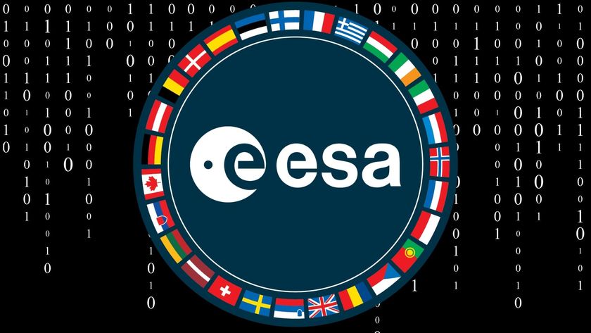 A circular patch with the letters "esa" in white against a blue background with the edge of the circle filled by various flags of countries around the world. Behind the patch are vertical strands of white numbers saying either 0 or 1 against a black background