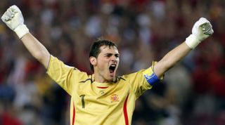 STUTTGART, GERMANY - JUNE 19: Goalkeeper Iker Casillas of Spain celebrates, after teammate Fernando Torres scores his team's second goal during the FIFA World Cup Germany 2006 Group H match between Spain and Tunisia at the Gottlieb-Daimler Stadium on June 19, 2006 in Stuttgart, Germany. (Photo by Ben Radford/Getty Images)