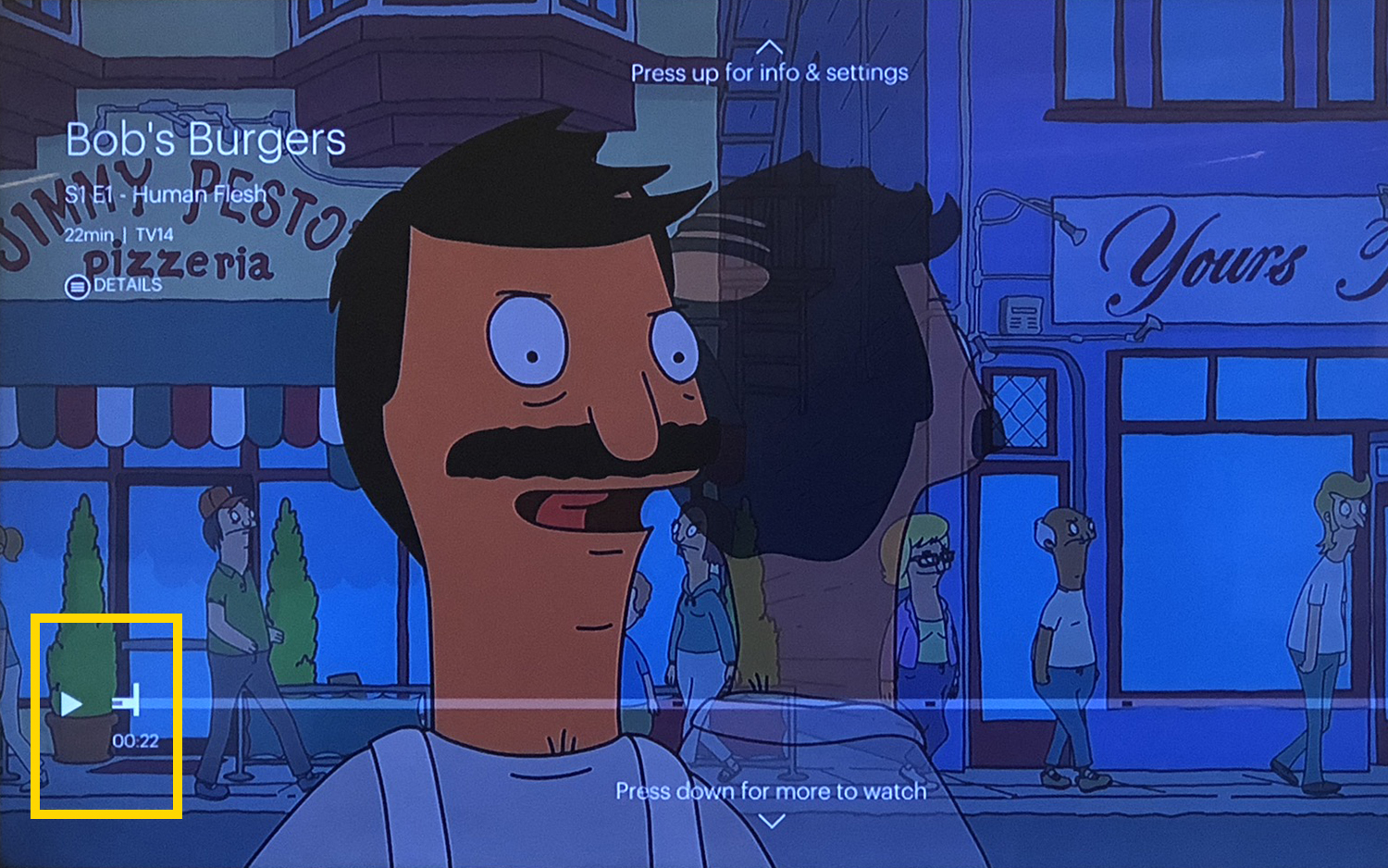 The Fire TV Stick interface paused in a Bob's Burgers episode