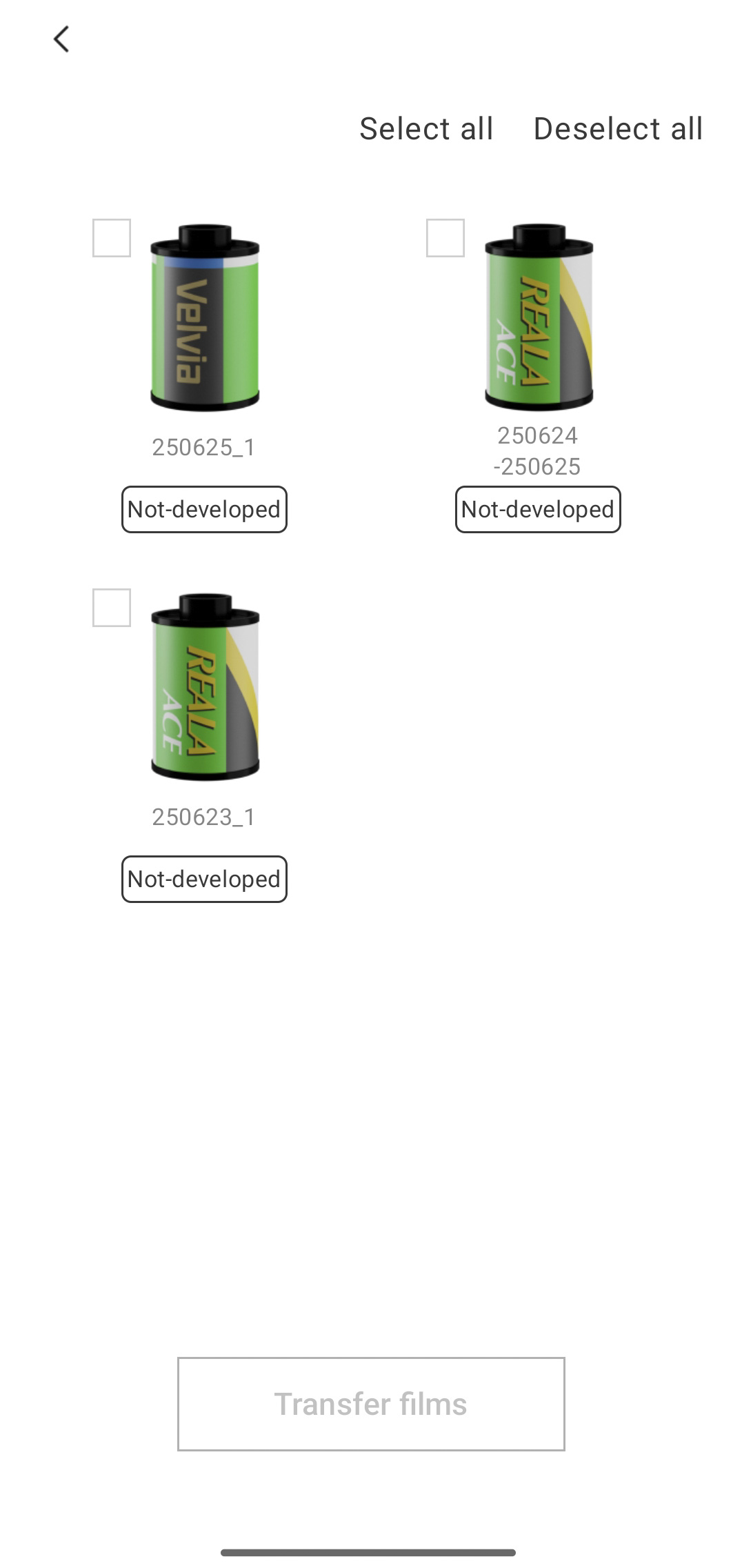 Fujifilm X half app UI, developing film, contact sheet, image gallery