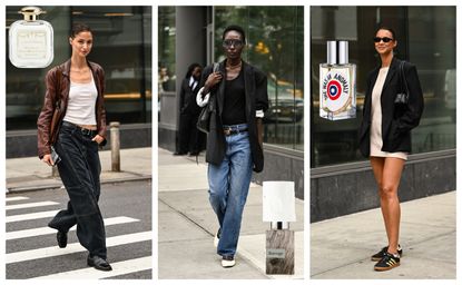Three women wearing various street style outfits and different bottles of perfumes are beside them.