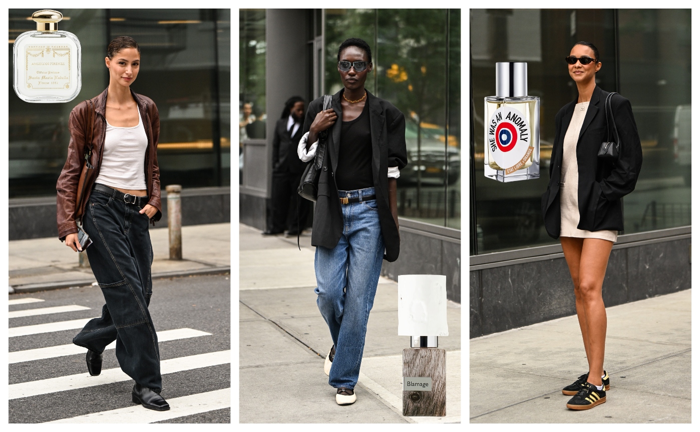 Three women wearing various street style outfits and different bottles of perfumes are beside them.