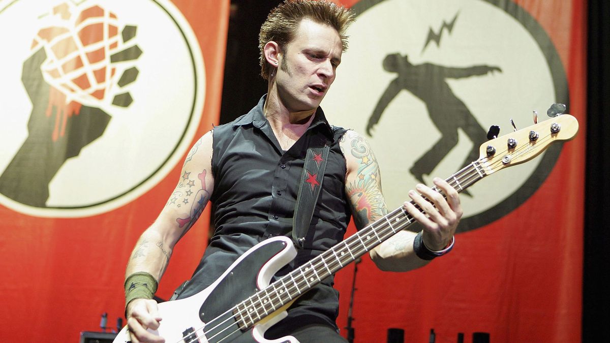 Green Day bassist Mike Dirnt performs at the Thomas &amp; Mack Center on October 6, 2005 in Las Vegas, Nevada.