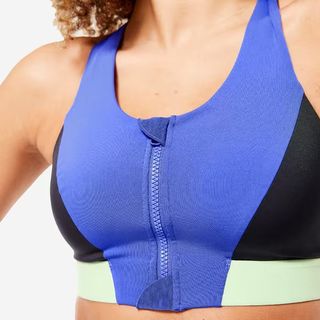 Decathlon DOMYOS Women's Medium-Support Zipped Sports Bra - Indigo Blue/Grey/Sorbet Green