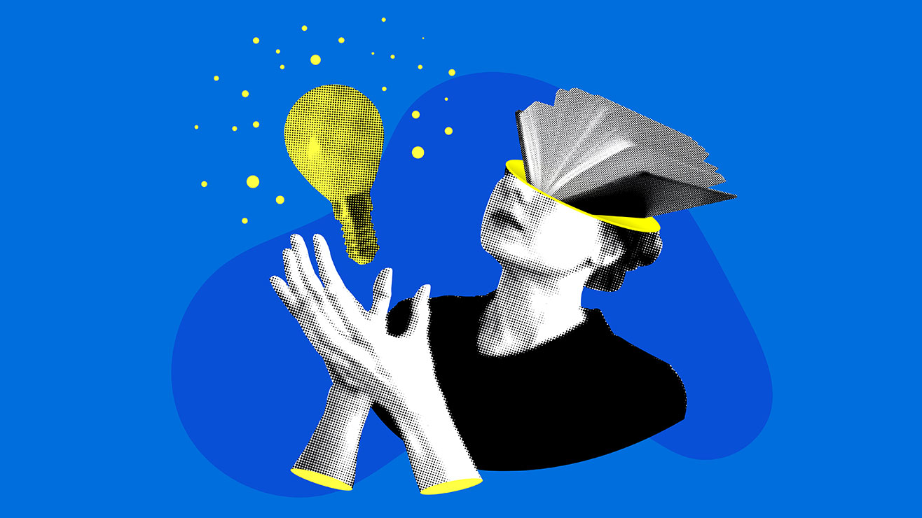Halftone woman with book in her head holds a light bulb