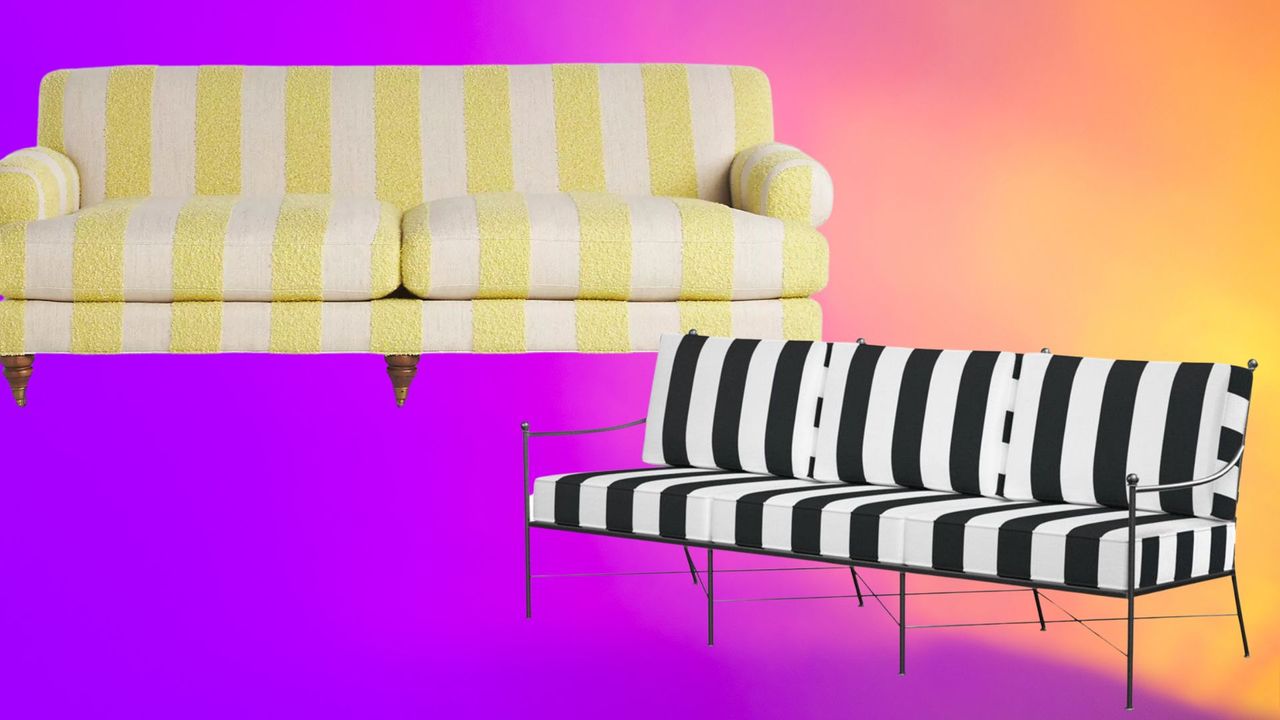 yellow striped sofa and black striped sofa