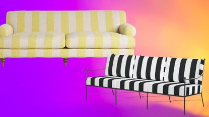 yellow striped sofa and black striped sofa