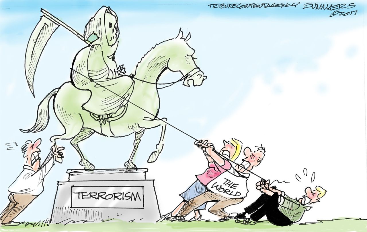 Political cartoon World Barcelona terrorism Confederate monuments