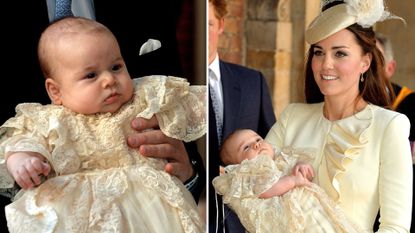 (L) Prince George at his christening, (R) Kate Middleton holding a baby Prince George 