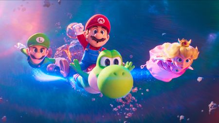 L-R: Luigi (voiced by Charlie Day), Mario (Chris Pratt), Yoshi (Donald Glover) and Princess Peach (Anya Taylor-Joy) flying through space in a scene from "The Super Mario Galaxy Movie"