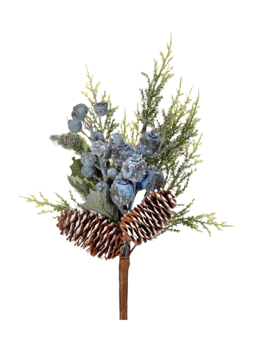 Fake Cedar and Pine Cone Winter Pick With Blue Beaded Berries - 14"