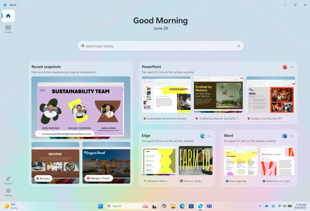The Recall Homepage feature on Windows 11 Developer Insider Build