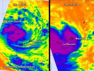 The AIRS instrument aboard NASA's Aqua satellite captured these infrared images of Tropical Cyclone Dumile on Jan. 2 at 2123 UTC, and Jan. 3 at 0936 UTC. The purple areas indicate the coldest, highest clouds with heaviest rainfall. The circular blue area in the middle of the purple area on the Jan. 2 image is Dumile's center.