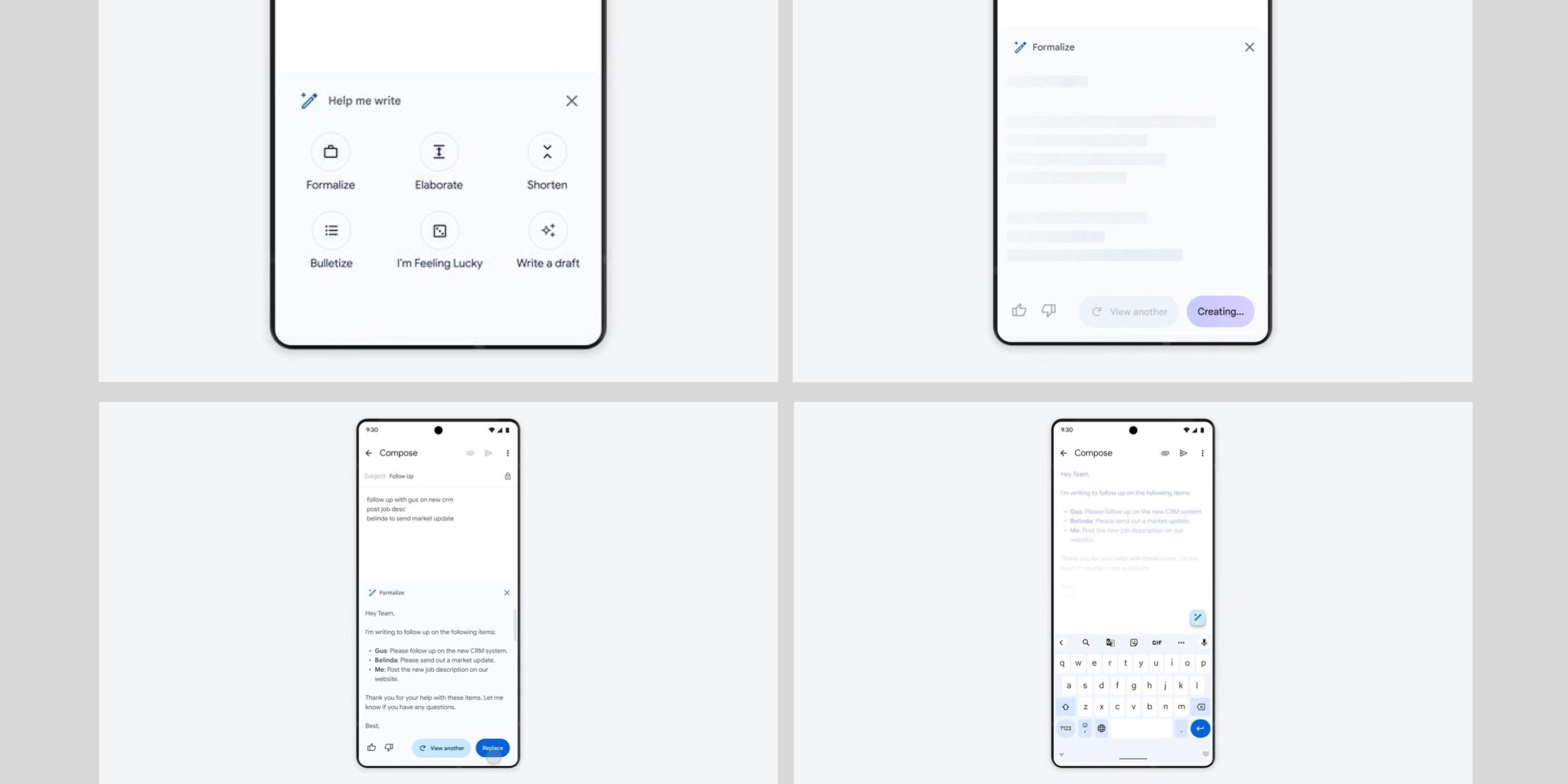 Four example screenshots showing how the new AI-assisted 'Help me write' features will work in Gmail for Android.