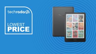 The Amazon Kindle Colorsoft on a blue background with text saying Lowest Price.