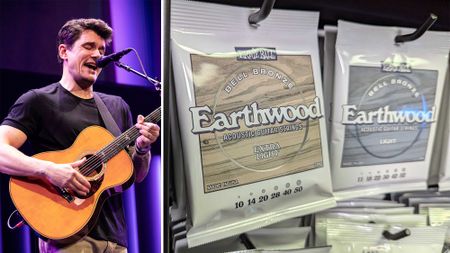 John Mayer performs onstage at the Kia Forum in Inglewood, California on April 14, 2023 (left), Ernie Ball's new Earthwood Bell Bronze guitar strings, on display at the 2025 NAMM Show in Anaheim, California