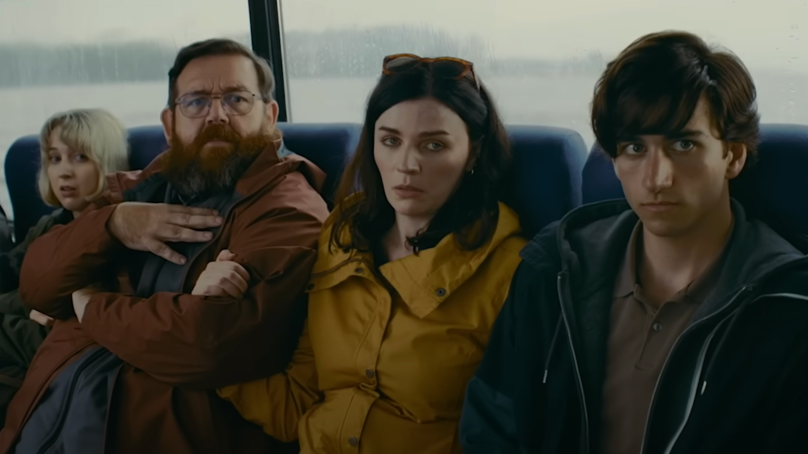From left to right: Maisie Ayres as Jessie, Nick Frost as Richard, Aisling Bea as Susan, and Sebastian Croft as Sam in Get Away.