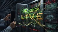 A person holding pliers faces a server rack displaying an Xbox Live logo, error codes, and digital graphics with green lightning and shattered effects.