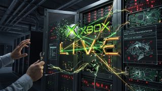 A person holding pliers faces a server rack displaying an Xbox Live logo, error codes, and digital graphics with green lightning and shattered effects.