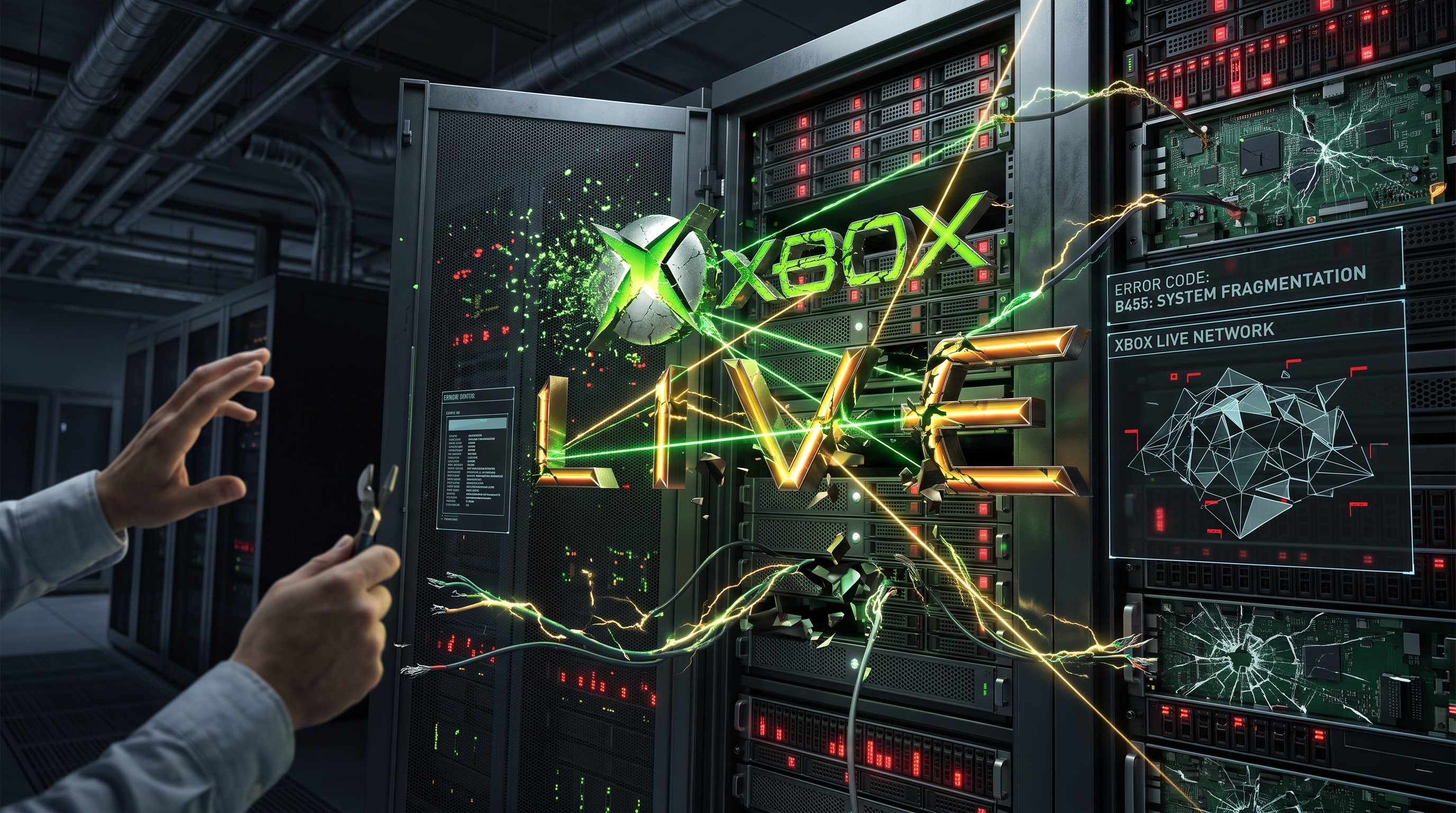 A person holding pliers faces a server rack displaying an Xbox Live logo, error codes, and digital graphics with green lightning and shattered effects.