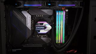 A Zadak all-in-one cooler on a Maximus XI motherboard hero motherboard primed for overclocking