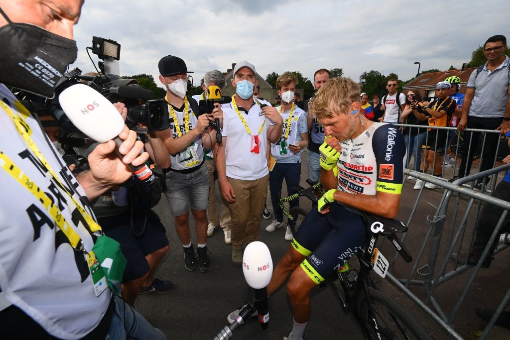 IntermarcheWantyGobert Materiaux teams Dutch rider Taco Van Der Hoorn CR reacts after the 5th stage of the 109th edition of the Tour de France cycling race 1537 km between Lille and Arenberg Porte du Hainaut in northern France on July 6 2022 Photo by Tim De Waele POOL AFP Photo by TIM DE WAELEPOOLAFP via Getty Images