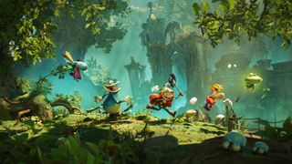 Rayman, Globox, Barbara, and Grand Minimus run through Rayman Legends Retold's opening forest level